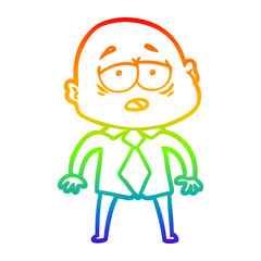 rainbow gradient line drawing cartoon tired bald man in shirt and tie