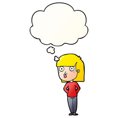 cartoon woman staring and thought bubble in smooth gradient style