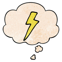 cartoon lightning bolt and thought bubble in grunge texture pattern style