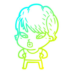 cold gradient line drawing cartoon woman