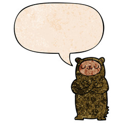 cartoon bear and speech bubble in retro texture style