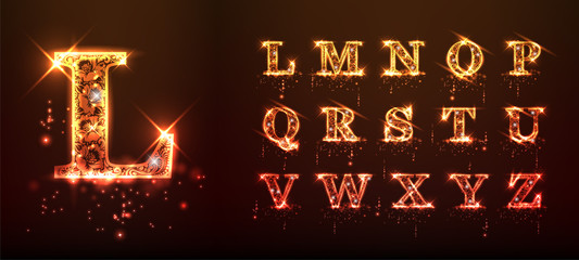 Bright sparkling alphabet on a brown background