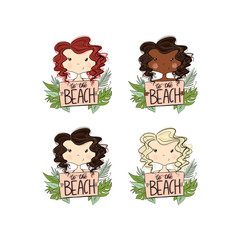 Set Brunette Blonde African American Red Hair Girls With Tablet And The Inscription To The Beach Isolated On A White Background Hand Drawn Illustration