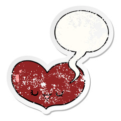 cartoon love heart character and speech bubble distressed sticker