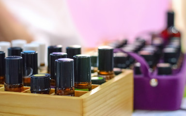Perfume, aroma oils in wooden box