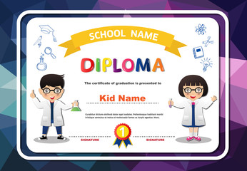 Preschool kids boys and girls Diploma certificate colorful background design template
