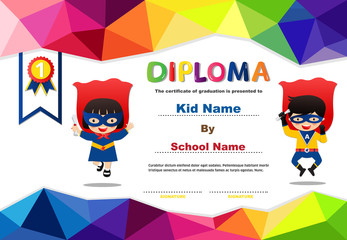 Preschool Superhero kids boys and girls Diploma certificate colorful background design template