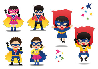 Cartoon vector illustration of Superhero kids boys and girls wearing colorful costumes on white background