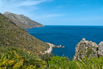 A panoramic view of the coastline of the Oasi dello Zingaro natural reserve, San Vito Lo Capo, Sicily