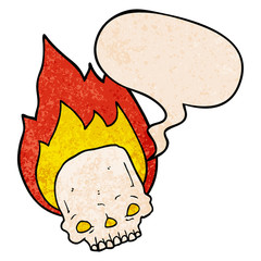 spooky cartoon flaming skull and speech bubble in retro texture style