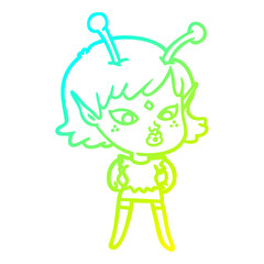 cold gradient line drawing pretty cartoon alien girl