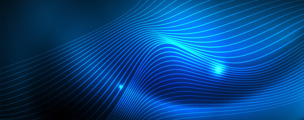 Smooth wave lines on blue neon color light background. Glowing abstract wave on dark, shiny motion, magic space light