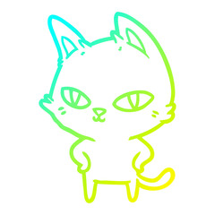 cold gradient line drawing cartoon cat with bright eyes