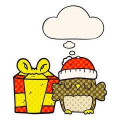 cute christmas owl and thought bubble in comic book style