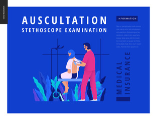 Medical tests Blue template - auscultation -modern flat vector concept digital illustration of stethoscope examination procedure - patient and doctor carrying out procedure, medical office, laboratory