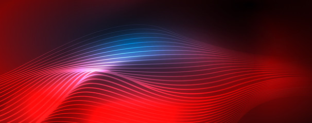 Smooth wave lines on blue neon color light background. Glowing abstract wave on dark, shiny motion, magic space light