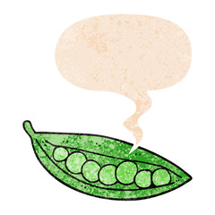 cartoon peas in pod and speech bubble in retro textured style