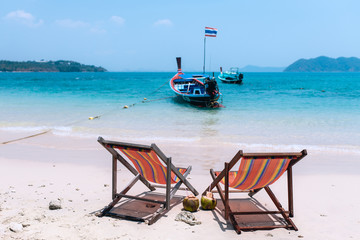 Two convenient comfortable guest sun loungers  worth on the sand. An excellent review on the sea and boat. Charming lookout for two