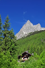 pic de montagne et chalet depuis la vallée en été
