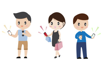 cute character business man healthy man and material girl different lifestyle using smart phone for their convenience on white background isolated