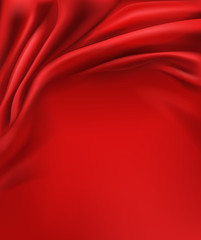 Crumpled and wavy, luxury red silk or satin fabric with smooth surface area 3d realistic vector abstract background with copy space. Delicate velvet texture, silky textile, elegant tissue illustration
