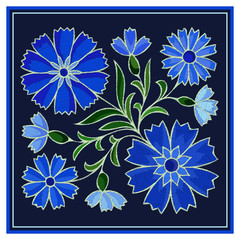 Fototapeta premium Stylized embroidery cornflower pattern on dark background