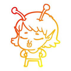 warm gradient line drawing cute alien girl cartoon