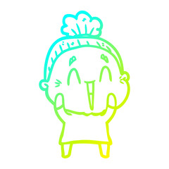 cold gradient line drawing cartoon happy old lady