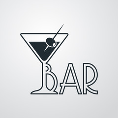 Logotipo con texto BAR con copa de cocktail lineal en fondo gris