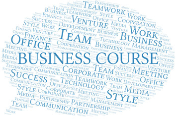 Business Course word cloud. Collage made with text only.