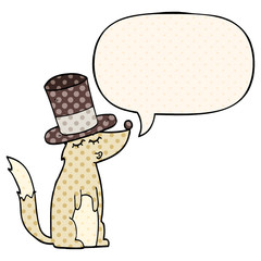 cartoon wolf whistling wearing top hat and speech bubble in comic book style