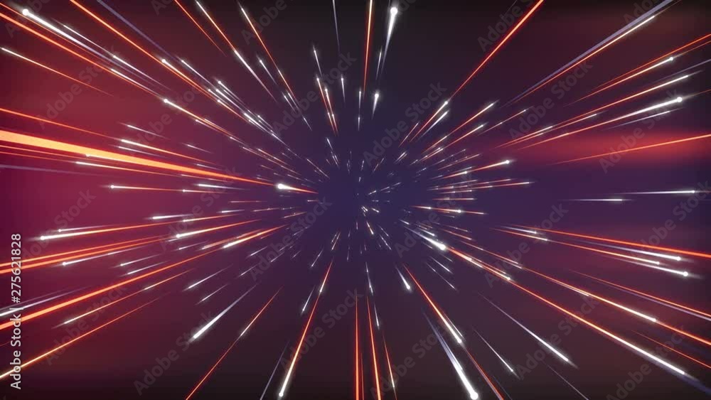 Poster Hyper jump flight in space. Computer generated abstract cosmic background. Orange glowing stars, cosmos. Big bang, galaxy, speed of light. 3D render loop animation. 4K, Ultra HD resolution.
