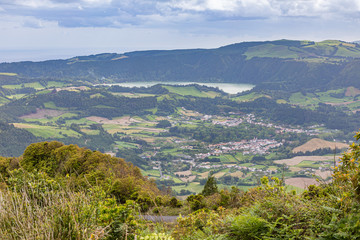Obraz premium In the distance Lake Furnas on Sao Miguel Island, Azores