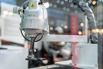 automation machine and detail close up in machine automatic with robotic automation technology for technology production factory