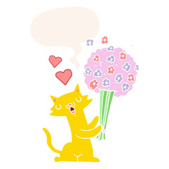 cartoon cat in love and flowers and speech bubble in retro style