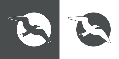 Logotipo abstracto con gaviota en espacio negativo en circulo gris y blanco