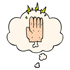 cartoon magic halloween zombie hand and thought bubble in comic book style