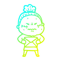 cold gradient line drawing cartoon annoyed old lady
