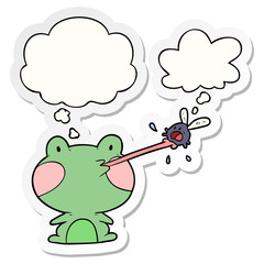 cartoon frog catching fly and thought bubble as a printed sticker