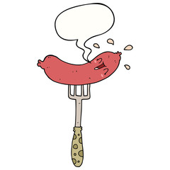 cartoon happy sausage on fork and speech bubble