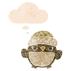 cute cartoon owl in hat and thought bubble in retro textured style