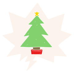 cartoon christmas tree and speech bubble in retro style