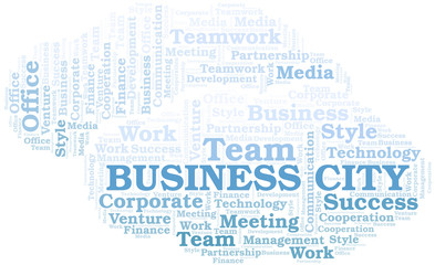 Business City word cloud. Collage made with text only.