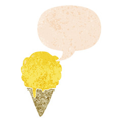 cartoon ice cream and speech bubble in retro textured style