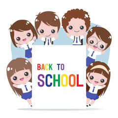 cheerful student in uniform holding back to school banner template