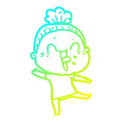 cold gradient line drawing cartoon happy old woman