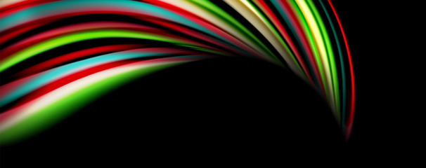 Fluid color rainbow style wave abstract background, techno modern design on black