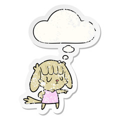 cartoon dog girl pointing and thought bubble as a distressed worn sticker