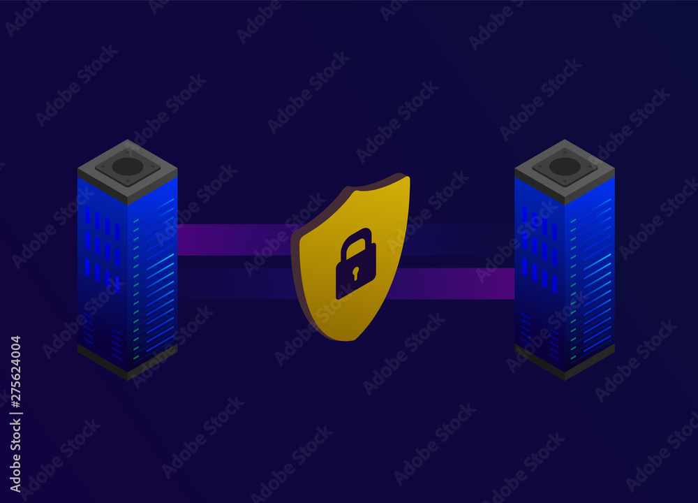 Poster isometric secutiry cloud computing vector concept. secure data exchange between two online cloud sto