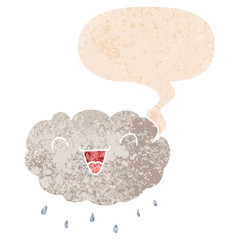 happy cartoon cloud and speech bubble in retro textured style